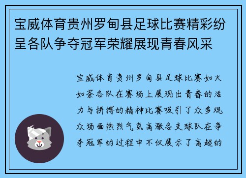 宝威体育贵州罗甸县足球比赛精彩纷呈各队争夺冠军荣耀展现青春风采