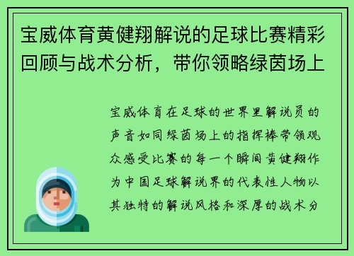 宝威体育黄健翔解说的足球比赛精彩回顾与战术分析，带你领略绿茵场上的激情与魅力