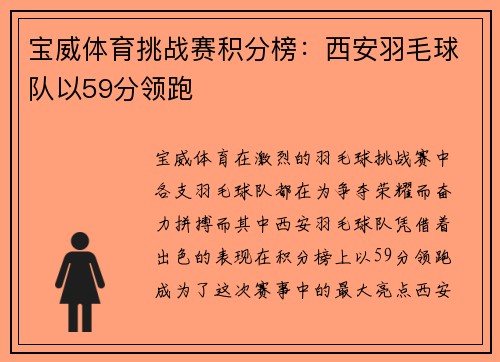 宝威体育挑战赛积分榜：西安羽毛球队以59分领跑