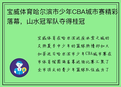 宝威体育哈尔滨市少年CBA城市赛精彩落幕，山水冠军队夺得桂冠